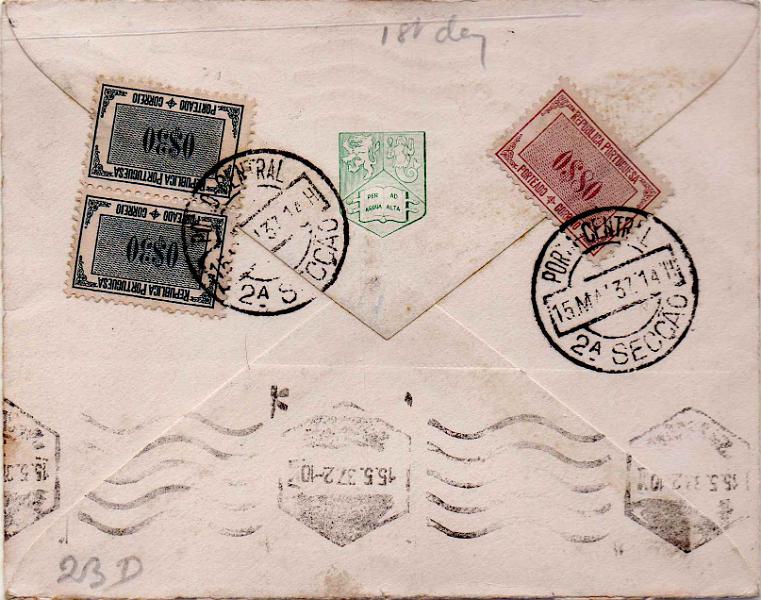 0520 v.jpg -     Lote:    520 (verso)                   Descrição:         Porteado. 1932/33 &mdash; Tipo Etiqueta. Sobrescrito circulado de Birmingham para Lisboa (15.05.37) com insuficiência de franquia. Foi porteado com o dobro do porte em falta com par de selos de 0$30 e selo de 0$80 CE POR48 e 52. Selo fixo de Lisboa $20 a preto.        Carta       Valor Base:     &euro; 12,00     Valor Venda:     &euro;      